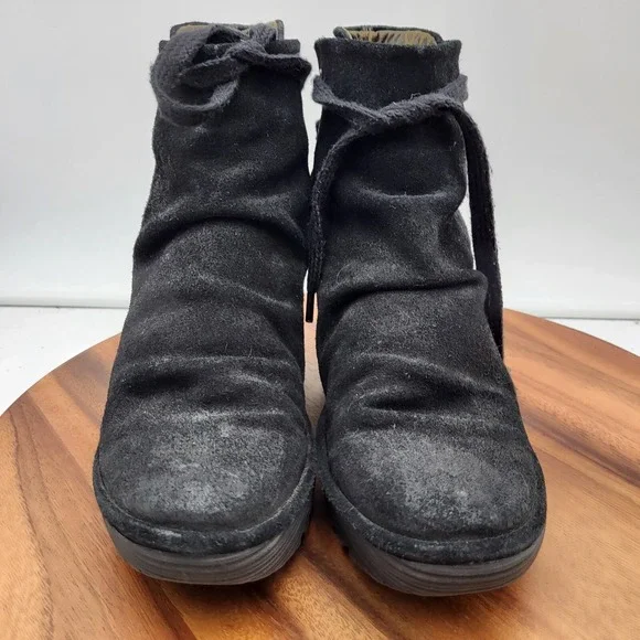 Fly London Ankle Boot Womens 7.5 / 8 Yama Black Suede Wedge Lace-up Back Booties - Picture 4 of 16